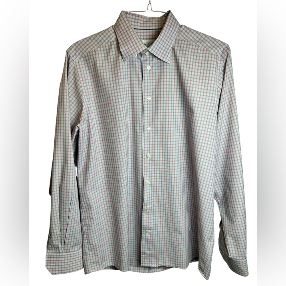 Eton Contemporary Fit Blue Salmon Check Dress Shirt W Convertible Cuff Size XL